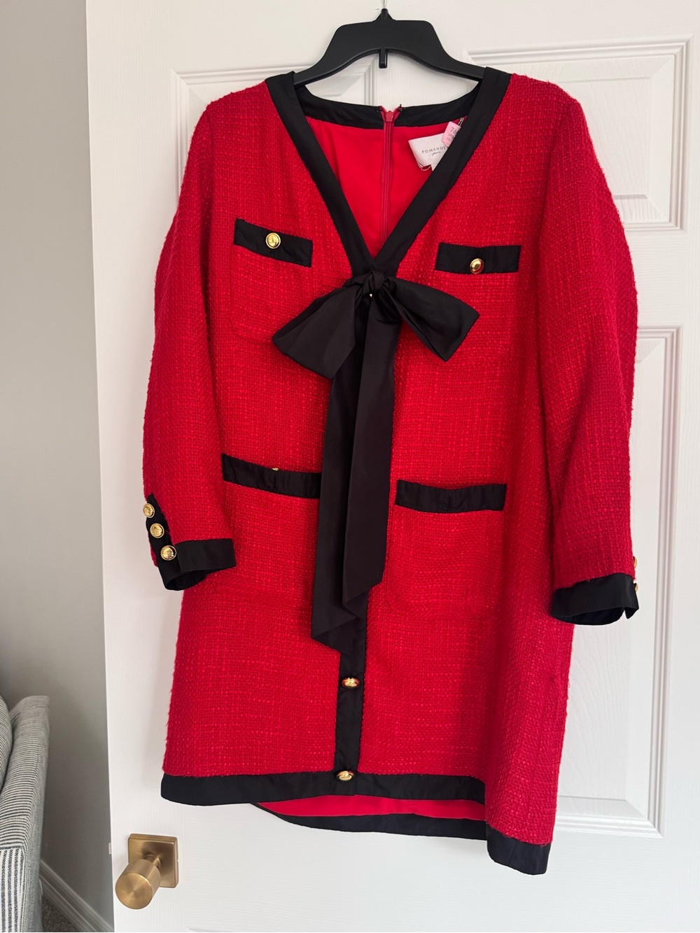 Pomander Place Red Tweed Dress with Black Trim and Bow